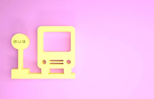 Жовта піктограма зупинки автобуса ізольована на рожевому фоні. Концепція транспортування. Автобусний транспортний знак. Туризм або символ громадського транспорту. Концепція мінімалізму. 3D ілюстрація 3D рендеринга — стокове фото