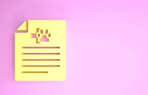 Certificato medico giallo per viaggi con icona di cane o gatto isolata su sfondo rosa. Documento per animale domestico. Impronta zampa cane o gatto. Concetto minimalista. Illustrazione 3d rendering 3D — Foto Stock