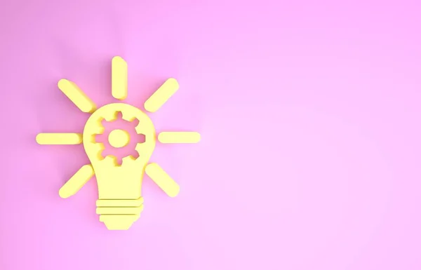 Lâmpada de luz amarela com raios brilho e engrenagem dentro ícone isolado no fundo rosa. Conceito de inovação. Conceito de minimalismo. 3D ilustração 3D render — Fotografia de Stock