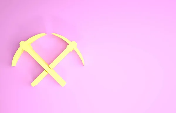 Ícone de picareta cruzado amarelo isolado no fundo rosa. Tecnologia Blockchain, mineração criptomoeda, bitcoin, altcoins, mercado monetário digital. Conceito de minimalismo. 3D ilustração 3D render — Fotografia de Stock