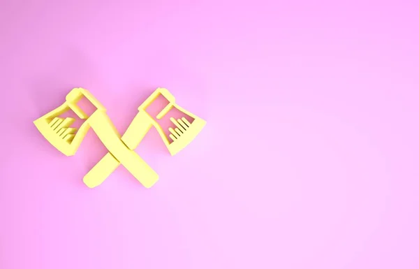 Geel gekruiste houten bijl pictogram geïsoleerd op roze achtergrond. Een houthakkerbijl. Minimalisme concept. 3d illustratie 3d renderen — Stockfoto
