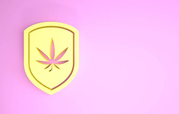 Sarı Kalkan ve marihuana veya pembe arka planda izole edilmiş kenevir yaprağı ikonu. Marihuanayı yasallaştırma. Kenevir sembolü. Minimalizm kavramı. 3d illüstrasyon 3d canlandırma — Stok fotoğraf