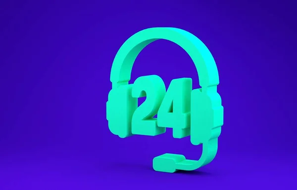 Auriculares verdes para soporte o icono de servicio aislado sobre fondo azul. Consulta, línea directa, centro de llamadas, preguntas frecuentes, mantenimiento, asistencia. Concepto minimalista. 3D ilustración 3D render — Foto de Stock