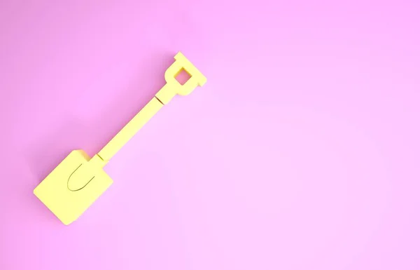 Ícone de pá de jardim amarelo isolado no fundo rosa. Ferramenta de jardinagem. Ferramenta para horticultura, agricultura, agricultura. Conceito de minimalismo. 3D ilustração 3D render — Fotografia de Stock