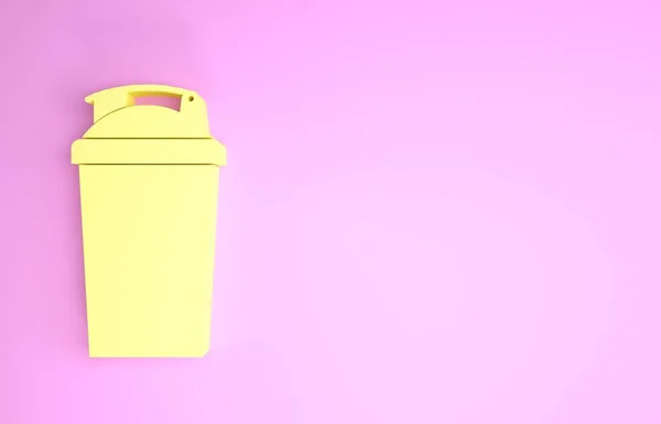 Amarelo ícone agitador Fitness isolado no fundo rosa. Garrafa de shaker esportivo com tampa para coquetéis de água e proteína. Conceito de minimalismo. 3D ilustração 3D render — Fotografia de Stock