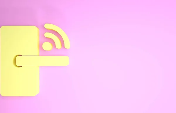 Gelbes digitales Türschloss mit Funktechnologie zum Entriegeln des Icons isoliert auf rosa Hintergrund. Türklinkenschild. Sicherheit Smart Home. Minimalismus-Konzept. 3D Illustration 3D Renderer — Stockfoto