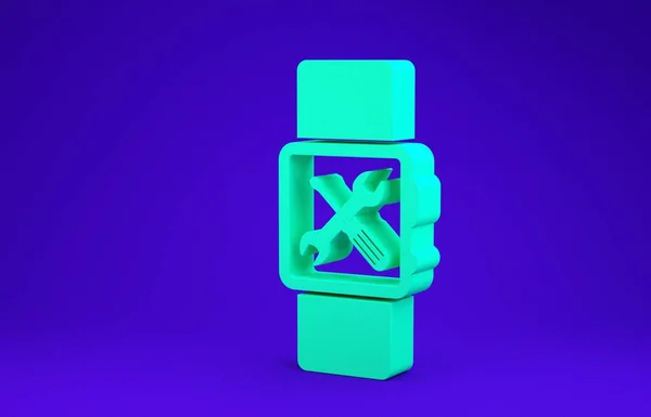 Reloj inteligente verde con destornillador e icono de llave inglesa aislado sobre fondo azul. Ajuste, servicio, ajuste, mantenimiento, reparación, fijación. Concepto minimalista. 3D ilustración 3D render — Foto de Stock