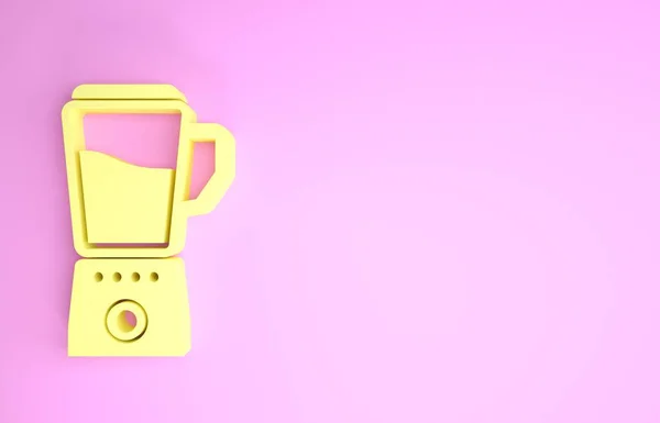 Icône mélangeur jaune isolée sur fond rose. Mélangeur électrique fixe de cuisine avec bol. Cuisiner des smoothies, des cocktails ou du jus. Concept de minimalisme. Illustration 3D rendu 3D — Photo