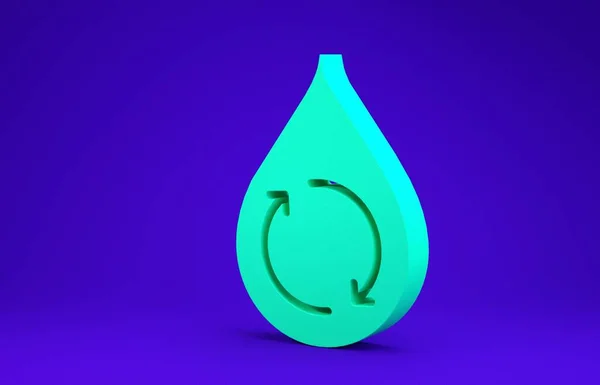 Verde Reciclar limpio icono de aqua aislado sobre fondo azul. Gota de agua con reciclaje de letreros. Concepto minimalista. 3D ilustración 3D render — Foto de Stock