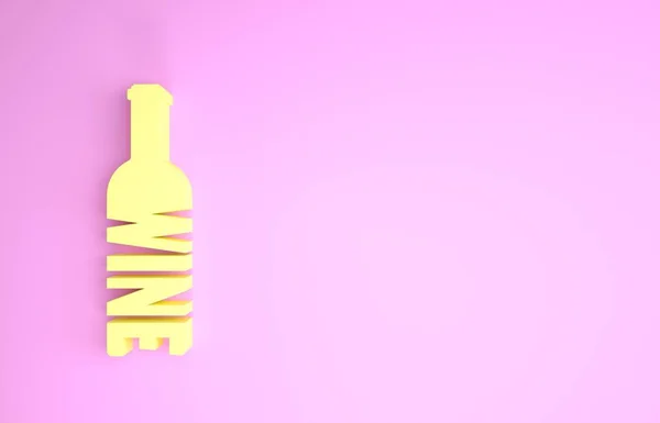 Bouteille jaune de vin icône isolée sur fond rose. Une bouteille de vin. Concept de minimalisme. Illustration 3D rendu 3D — Photo