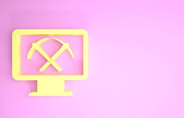 Concepto de minería amarilla con portátil y pico icono aislado sobre fondo rosa. Tecnología blockchain, minería criptomoneda, mercado de dinero digital. Concepto minimalista. 3D ilustración 3D render —  Fotos de Stock