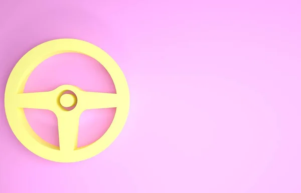 Ícone de volante amarelo isolado no fundo rosa. Ícone da roda do carro. Conceito de minimalismo. 3D ilustração 3D render — Fotografia de Stock