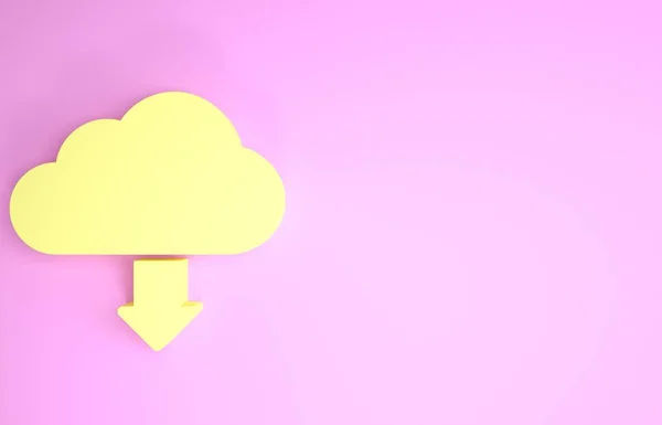 ピンクの背景に隔離された黄色の雲のダウンロードアイコン。最小限の概念。3Dイラスト3Dレンダリング — ストック写真