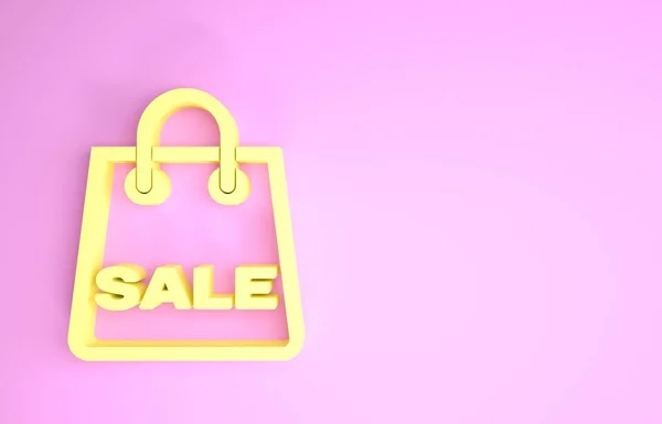 Žlutá nákupní taška s nápisem Prodej ikony izolované na růžovém pozadí. Značka kabelky. Ikona ženské tašky. Dámská kabelka. Minimalismus. 3D ilustrace 3D vykreslení — Stock fotografie