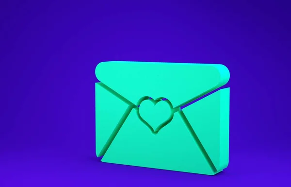 Enveloppe verte avec icône de coeur de Saint-Valentin isolé sur fond bleu. Lettre d'amour et de romance. Concept de minimalisme. Illustration 3D rendu 3D — Photo