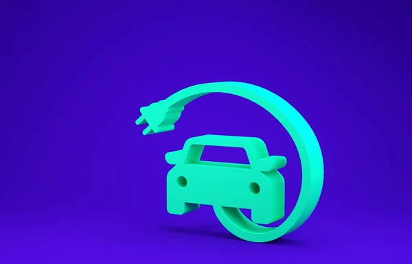 Πράσινο ηλεκτρικό αυτοκίνητο και ηλεκτρικό καλώδιο βύσμα φόρτισης εικονίδιο απομονώνονται σε μπλε φόντο. Ανανεώσιμες οικοτεχνολογίες. Μινιμαλιστική έννοια. 3D απεικόνιση 3d καθιστούν — Φωτογραφία Αρχείου