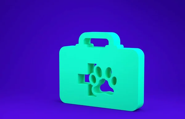 Green Pet first aid kit icon isolated on blue background. Dog or cat paw print. Clinic box. Minimalism concept. 3d illustration 3D render