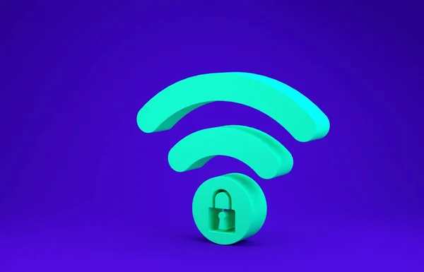 Зелений Віфі закритий знак ікони ізольований на синьому тлі. Пароль Wi-Fi. Бездротова мережа. Зона Віфі. Концепція мінімалізму. 3d Illustrated 3d render — стокове фото