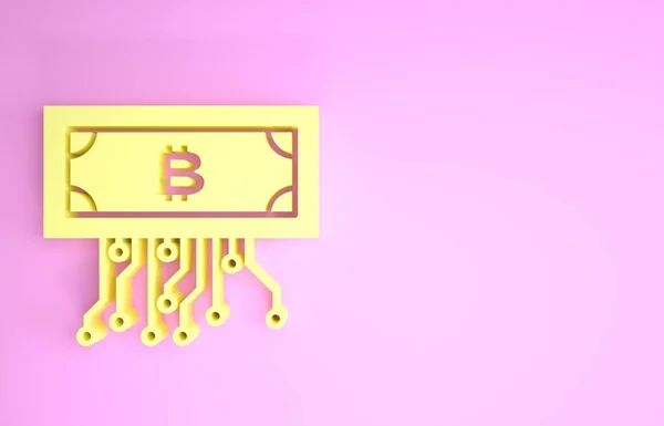 Żółta kryptowaluta bitcoin w okręgu z ikoną obwodu mikrochipowego izolowane na różowym tle. Technologia blockchain, rynek cyfrowy. Koncepcja minimalizmu. Ilustracja 3d — Zdjęcie stockowe