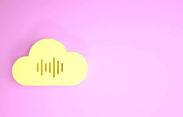 Icono de servicio de streaming de música amarilla aislado sobre fondo rosa. Computación en la nube de sonido, transmisión de medios en línea, canción en línea, onda de audio. Concepto minimalista. 3D ilustración 3D render — Foto de Stock