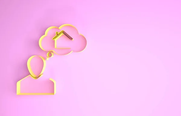 黄色の男ピンクの背景に隔離された新しい家のアイコンを購入することを夢見ている。最小限の概念。3Dイラスト3Dレンダリング — ストック写真