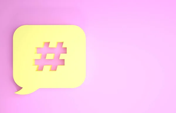 Ícone de bolha de fala Hashtag amarelo isolado no fundo rosa. Conceito de número de sinal, marketing de mídia social, micro blogging. Conceito de minimalismo. 3D ilustração 3D render — Fotografia de Stock