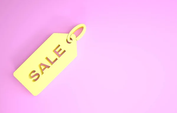 Žlutá cenovka s nápisem Prodej ikona izolované na růžovém pozadí. Odznak za cenu. Promo tag sleva. Minimalismus. 3D ilustrace 3D vykreslení — Stock fotografie