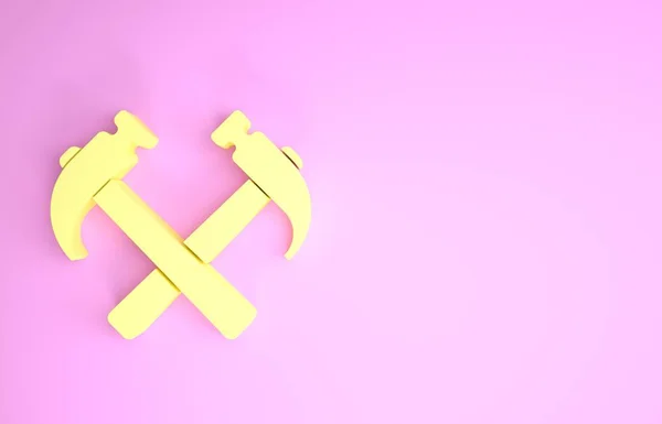 Yellow Two crossed hammers icon isolated on pink background. Tool for repair. Minimalism concept. 3d illustration 3D render — Stock Photo, Image