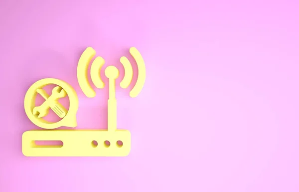 Желтый wi-fi маршрутизатор с отверткой и значком гаечного ключа на розовом фоне. Регулировка, обслуживание, настройка, обслуживание, ремонт, фиксация. Концепция минимализма. 3D-рендеринг — стоковое фото