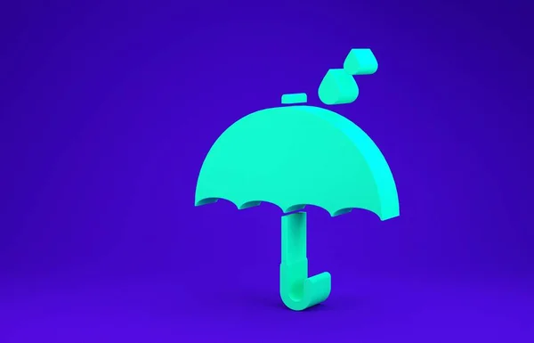 Πράσινο ομπρέλα και βροχή σταγόνες εικονίδιο απομονώνονται σε μπλε φόντο. Αδιάβροχο εικονίδιο. Προστασία, ασφάλεια, έννοια ασφάλειας. Υδατικό σύμβολο. Μινιμαλιστική έννοια. 3D απεικόνιση 3d καθιστούν — Φωτογραφία Αρχείου