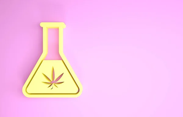 Esrar ya da kenevir yaprağı ikonlu sarı kimyasal test tüpü pembe arka planda izole edilmiş. Araştırma konsepti. Laboratuvar Cbd yağı konsepti. Minimalizm kavramı. 3d illüstrasyon 3d canlandırma — Stok fotoğraf