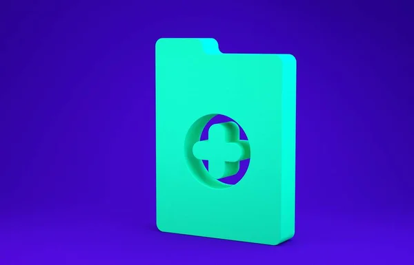 Portapapeles médico verde con icono de la historia clínica aislado sobre fondo azul. Formulario de seguro de salud. Prescripción médica, informe de chequeo médico. Concepto minimalista. 3D ilustración 3D render — Foto de Stock