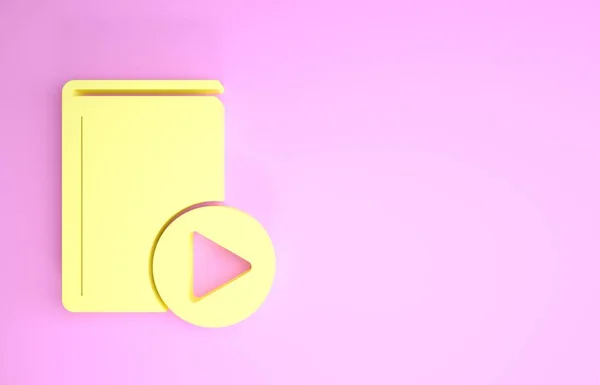 Ícone de livro de áudio amarelo isolado no fundo rosa. Jogar botão e livro. Sinal de guia áudio. Conceito de aprendizagem online. Conceito de minimalismo. 3D ilustração 3D render — Fotografia de Stock