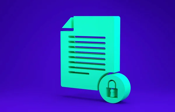 Зелений документ і значок блокування ізольовані на синьому фоні. Формат і блокування файлів. Безпека, безпека, концепція захисту. Концепція мінімалізму. 3D ілюстрація 3D рендеринга — стокове фото