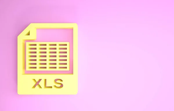 노란색 XLS 파일 문서. 핑크 배경에서 분리 된 XLS 버튼 아이콘을 다운로드합니다. 엑셀 파일 기호. 최소성 개념. 3D 일러스트 3D 렌더링 — 스톡 사진