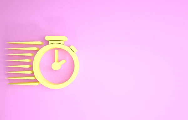 Gelbes Stoppuhr-Symbol auf rosa Hintergrund. Zeitzeichen. Minimalismus-Konzept. 3D Illustration 3D Renderer — Stockfoto