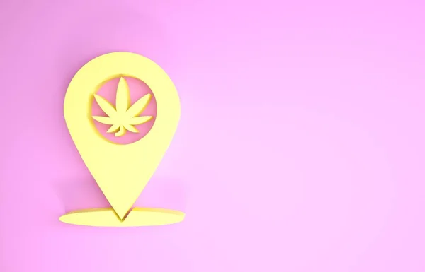 Gelber Kartenzeiger und Marihuana oder Cannabisblatt-Symbol auf rosa Hintergrund. Hanf-Symbol. Minimalismus-Konzept. 3D Illustration 3D Renderer — Stockfoto