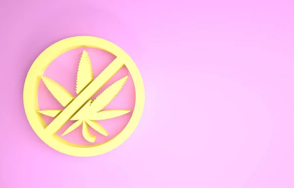 黄色的大麻或大麻叶图标，在粉色背景下分离。 不准吸食大麻 大麻的符号。 最低纲领的概念。 3d说明3d — 图库照片