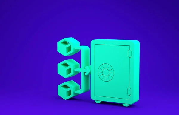 Mavi arka planda kazık ikonunun yeşil kanıtı var. Kripto para birimi ekonomisi ve finans koleksiyonu. Minimalizm kavramı. 3d illüstrasyon 3d canlandırma