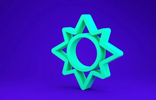 Zöld Nap ikon elszigetelt kék háttérrel. Minimalizmus koncepció. 3d illusztráció 3D render — Stock Fotó