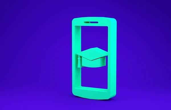 Зелена шапка випускного на екрані значка смартфона ізольована на синьому фоні. Інтернет-навчання або концепція електронного навчання. Концепція мінімалізму. 3D ілюстрація 3D рендеринга — стокове фото