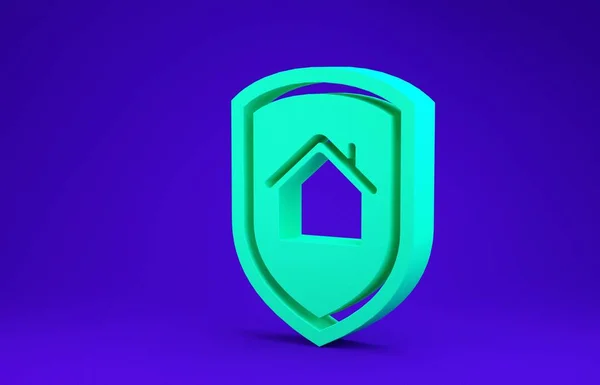 Green House bajo el icono de protección aislado sobre fondo azul. Hogar y escudo. Protección, seguridad, protección, concepto de defensa. Concepto minimalista. 3D ilustración 3D render —  Fotos de Stock