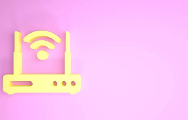 Router amarillo y señal wi-fi icono de símbolo aislado sobre fondo rosa. Router de módem Ethernet inalámbrico. Internet de tecnología informática. Concepto minimalista. 3D ilustración 3D render — Foto de Stock