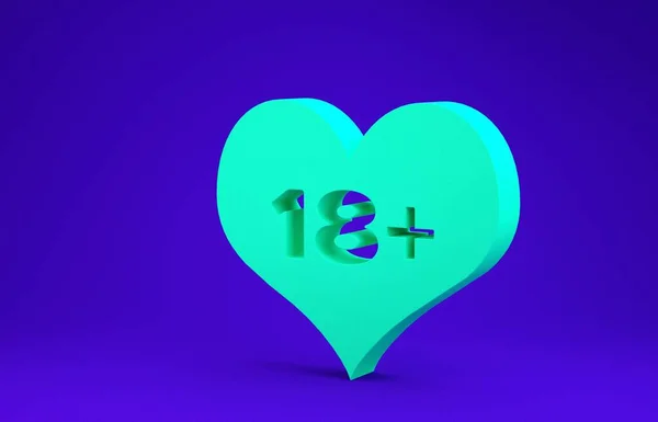 Green 18 plus content heart icon isolated on blue background. Adults content only icon. Minimalism concept. 3d illustration 3D render