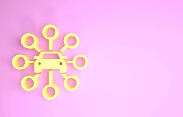 Піктограма спільного використання жовтого автомобіля ізольована на рожевому фоні. Спільний знак. Концепція послуги оренди транспорту. Концепція мінімалізму. 3D ілюстрація 3D рендеринга — стокове фото