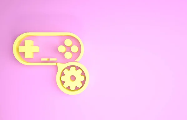 Amarillo Gamepad y engranaje icono aislado sobre fondo rosa. Ajustar la aplicación, concepto de servicio, opciones de configuración, mantenimiento, reparación, fijación. Concepto minimalista. 3D ilustración 3D render —  Fotos de Stock