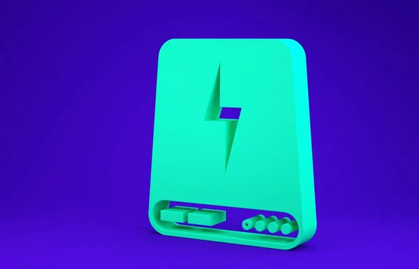 Green Power bank icon isolated on blue background. Portable charging device. Minimalism concept. 3d illustration 3D render — ストック写真