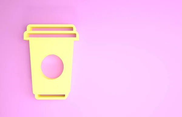 Gul kaffekopp ikon isolerad på rosa bakgrund. Engångskaffekopp med varmt kaffe. Minimalistiskt koncept. 3D-illustration 3D-återgivning — Stockfoto