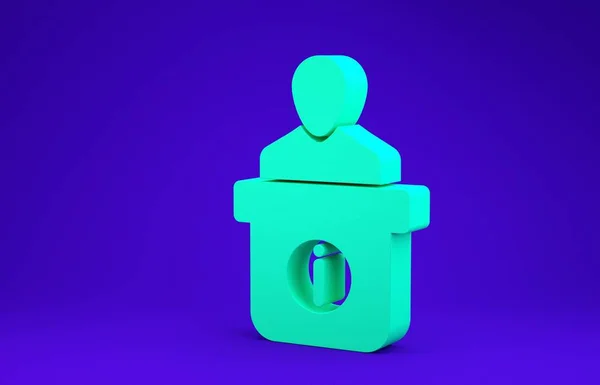 Піктограма зеленого інформаційного столу ізольована на синьому фоні. Чоловік силует стоїть за інформаційним столом. Допомогти людині символ. Інформаційний лічильник. Концепція мінімалізму. 3D ілюстрація 3D рендеринга — стокове фото