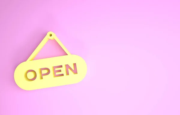 Insegna appesa gialla con testo Icona porta aperta isolata su sfondo rosa. Concetto minimalista. Illustrazione 3d rendering 3D — Foto Stock